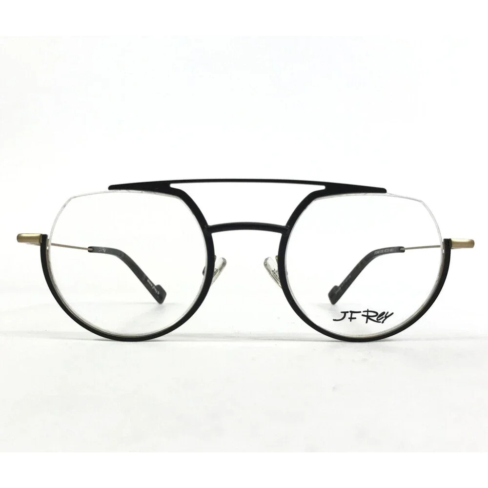 JF Rey Eyeglasses Frames JF2848 0055 Black Antic Gold Round Semi Rim 48-23-148